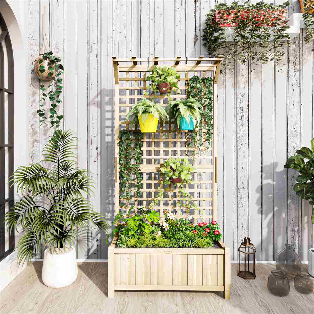 Outsunny Wood Planter w/ Trellis - Natural