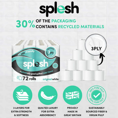 Splesh By Cusheen Quilted Luxury White 3 Ply Soft Toilet Tissue Paper 72 Rolls