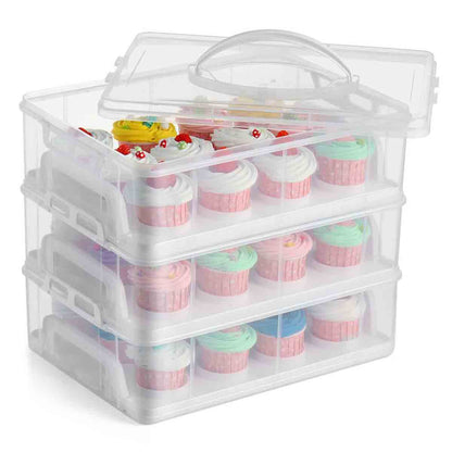 Gr8 Home 3 Tier Stackable Cupcake Carrier Box Muffin Cake Holder Plastic Clear Container