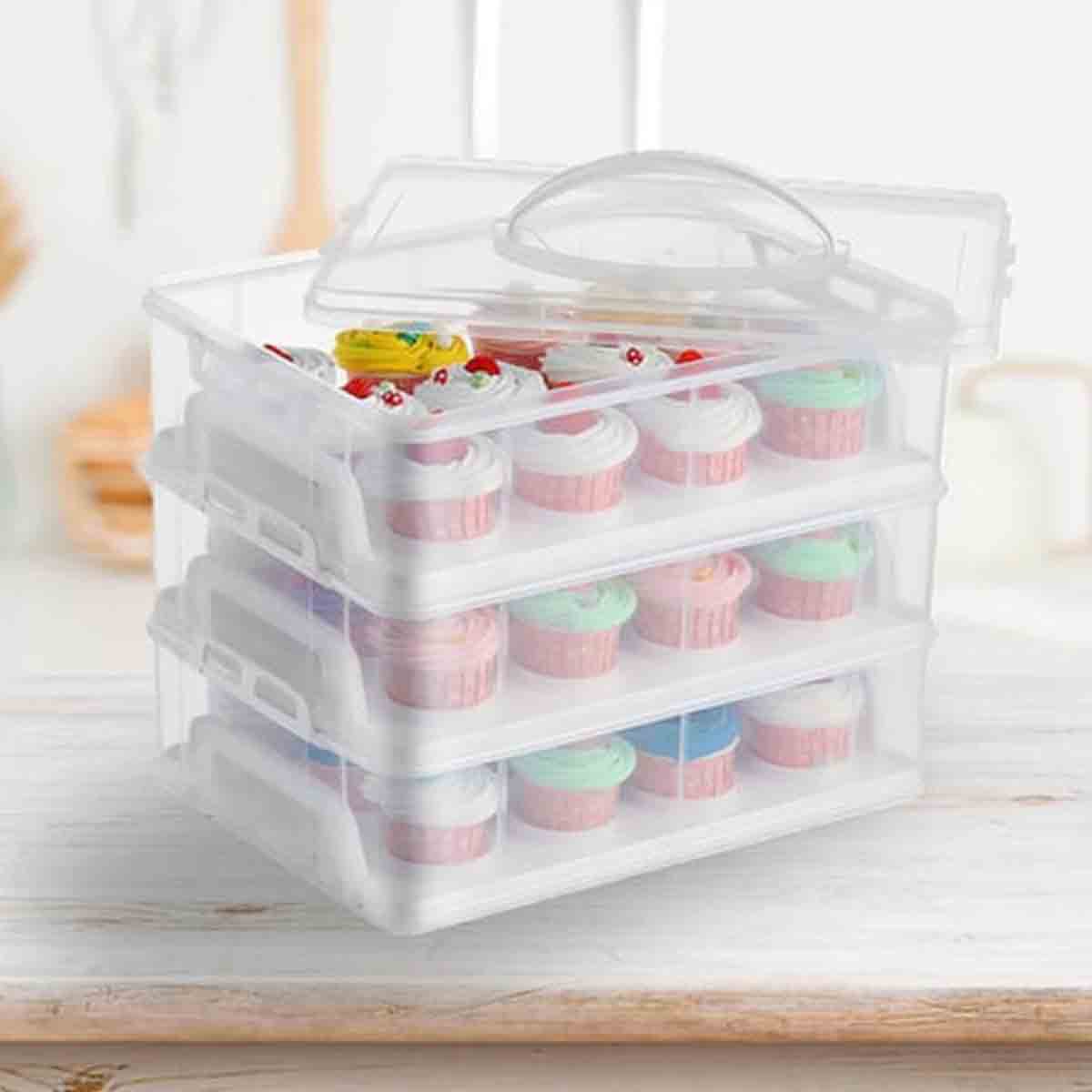 Gr8 Home 3 Tier Stackable Cupcake Carrier Box Muffin Cake Holder Plastic Clear Container