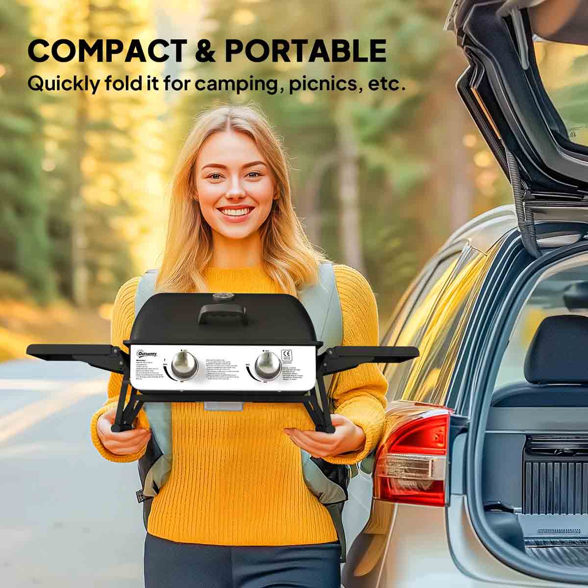 Outsunny Portable Tabletop Gas Barbecue Grill with Thermometer, Black