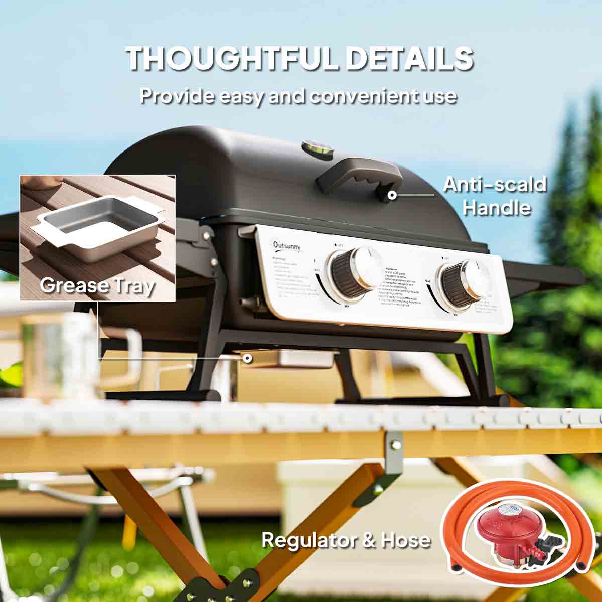 Outsunny Portable Tabletop Gas Barbecue Grill with Thermometer, Black