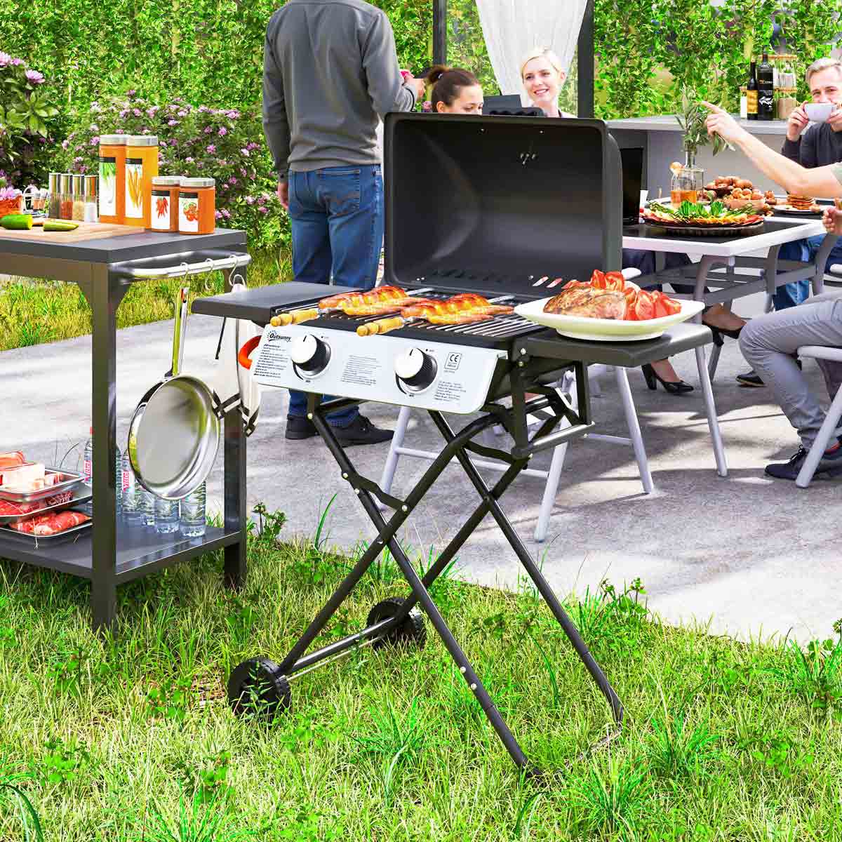 Outsunny Portable Foldable Gas Barbecue Grill with Thermometer, Lid, Black