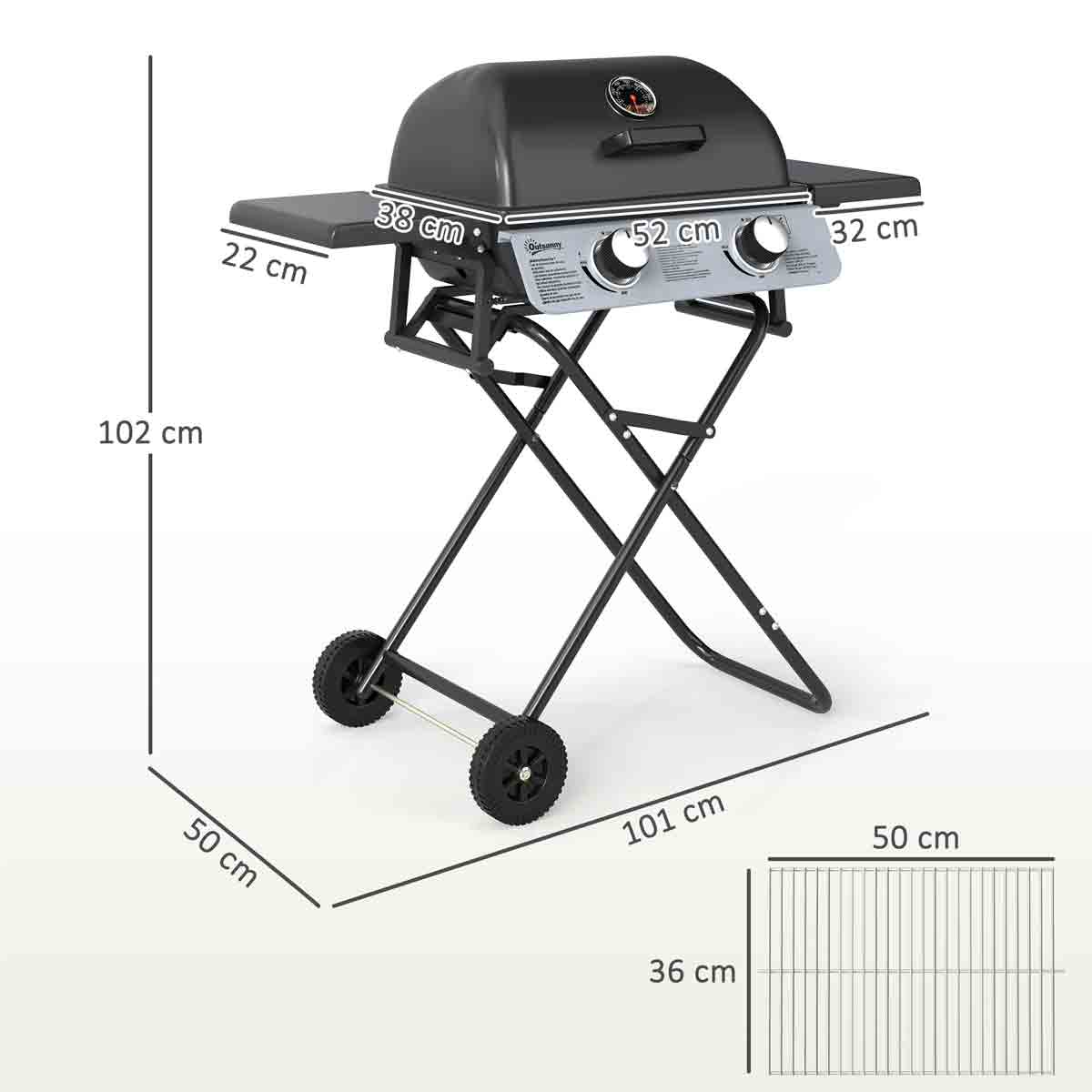 Outsunny Portable Foldable Gas Barbecue Grill with Thermometer, Lid, Black