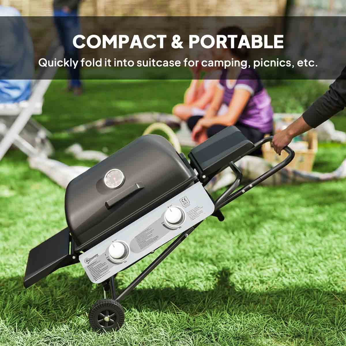 Outsunny Portable Foldable Gas Barbecue Grill with Thermometer, Lid, Black