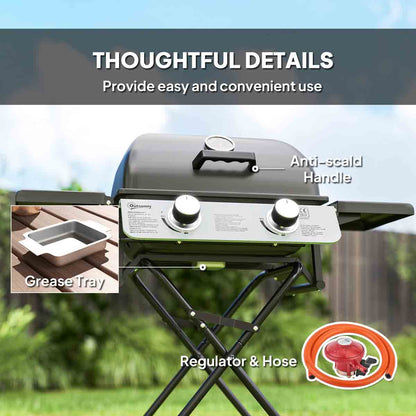 Outsunny Portable Foldable Gas Barbecue Grill with Thermometer, Lid, Black