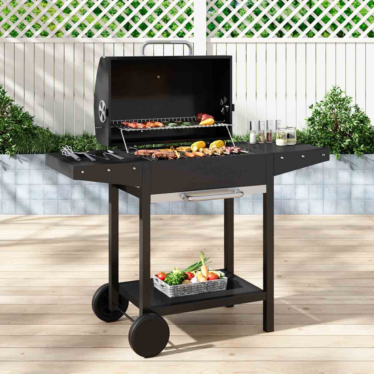 Garden Sanctuary Outdoor Charcoal Grill with Shelf and Wheels