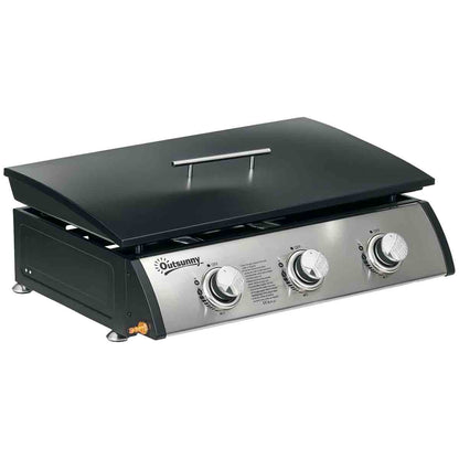 Outsunny Portable Gas Plancha Bbq Grill With 3 Burners, Non-stick Griddle, Lid