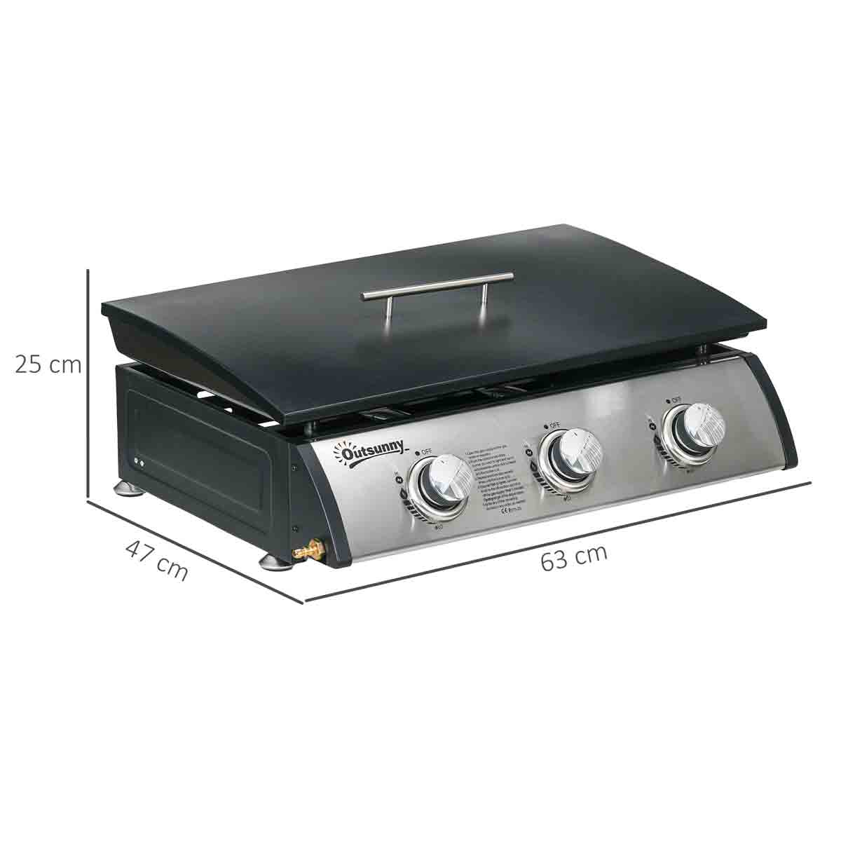 Outsunny Portable Gas Plancha Bbq Grill With 3 Burners, Non-stick Griddle, Lid