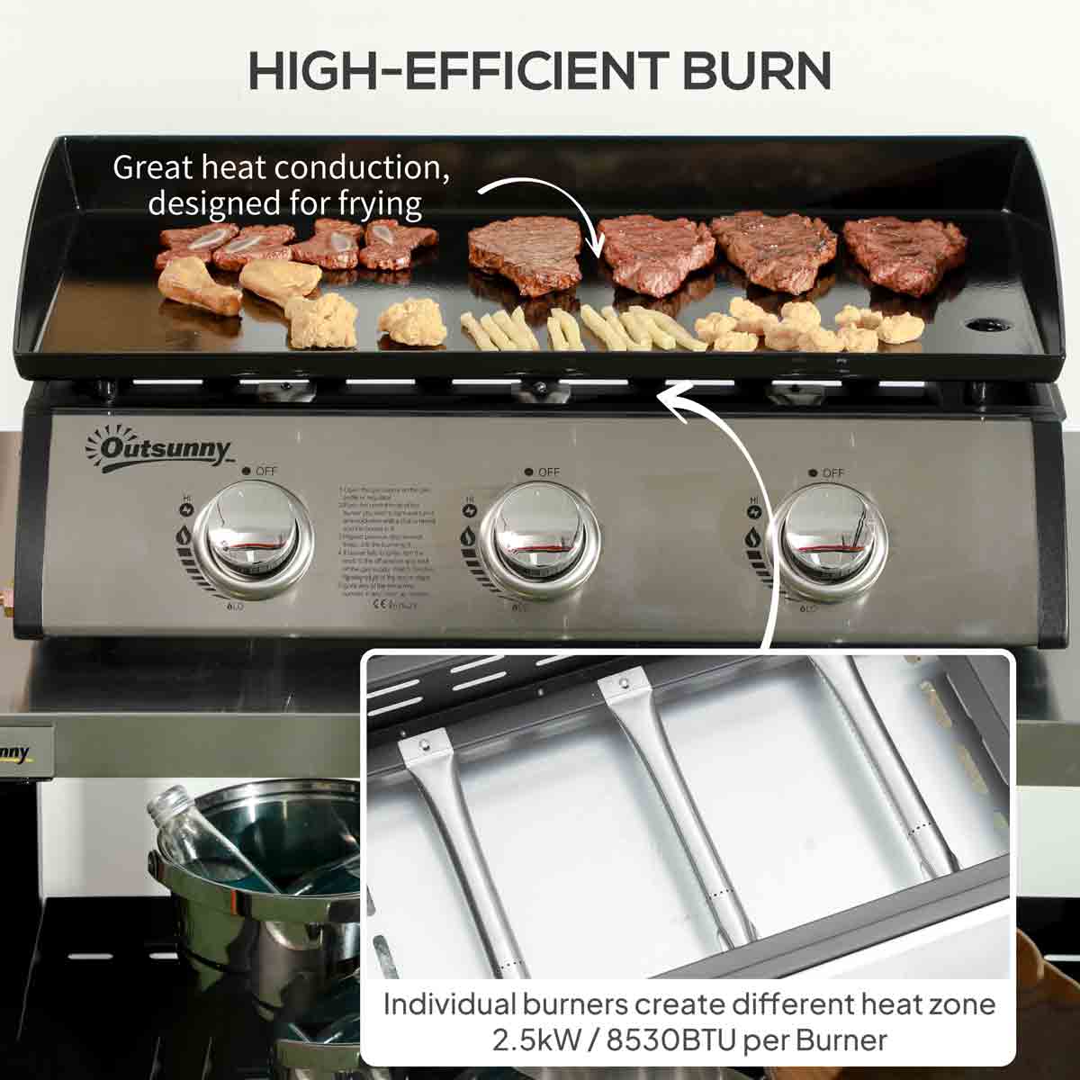 Outsunny Portable Gas Plancha Bbq Grill With 3 Burners, Non-stick Griddle, Lid