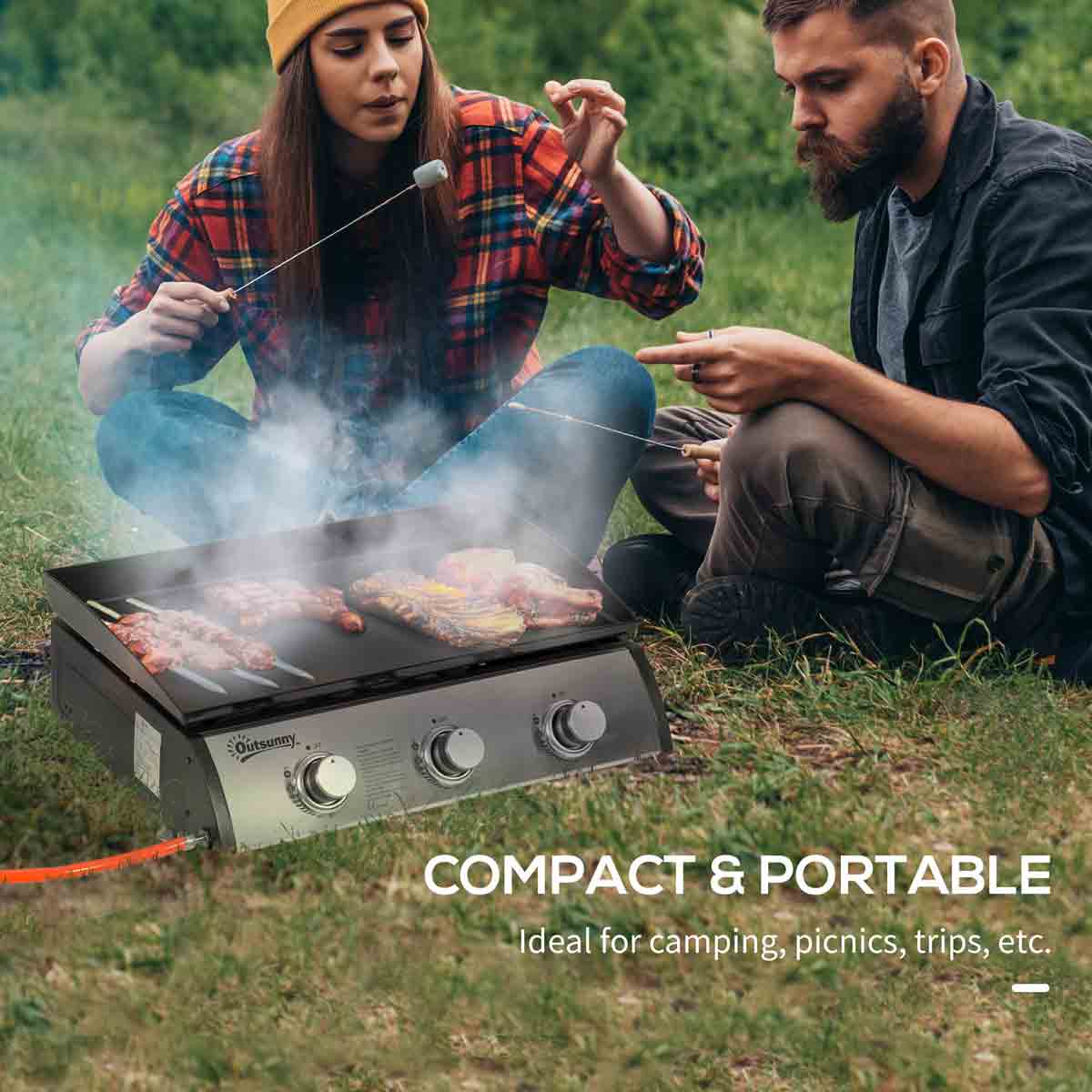Outsunny Portable Gas Plancha Bbq Grill With 3 Burners, Non-stick Griddle, Lid