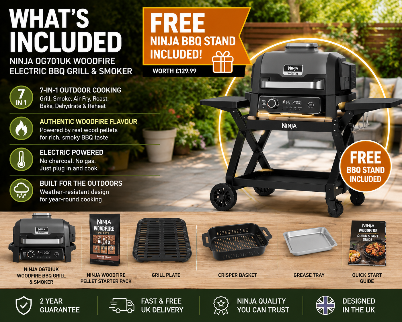 Ninja OG701UK Woodfire Electric BBQ Grill & Smoker