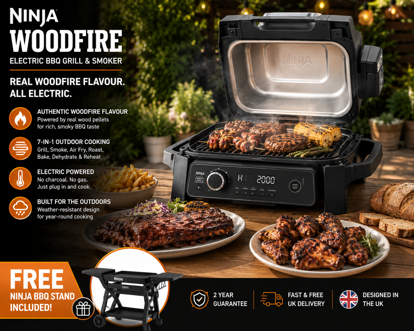 Ninja OG701UK Woodfire Electric BBQ Grill & Smoker