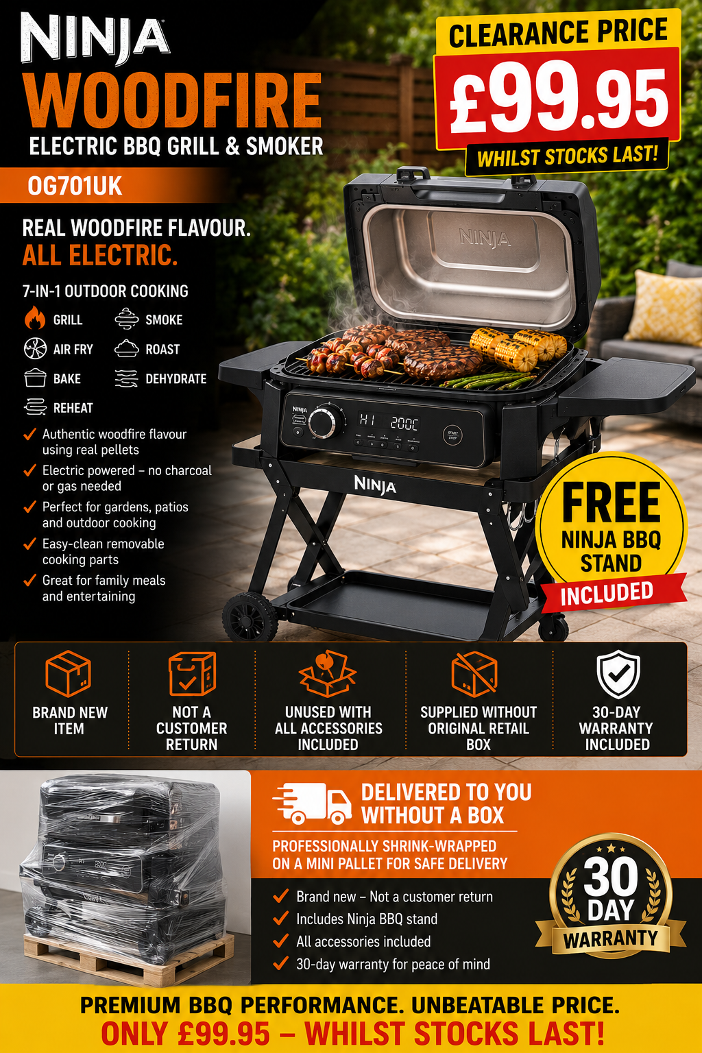 Ninja OG701UK Woodfire Electric BBQ Grill & Smoker